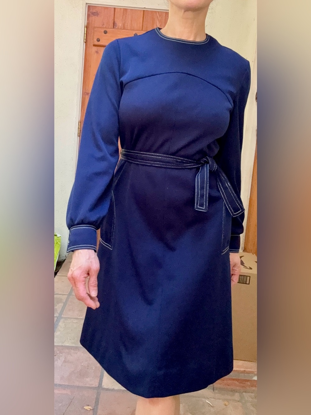 Vintage Navy Long-Sleeved Dress With White Stitching, And Matching Belt